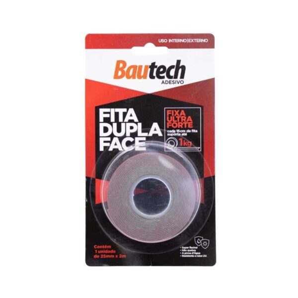 Fita Dupla Face Interna/Externa Transparente 25mm x 2m Bautech