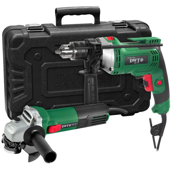 Conjunto Esmerilhadeira 4.1/2 Pol. + Furadeira 1/2 Pol. 220V com Maleta, Jogo de Brocas e Disco DWT-EFD-751