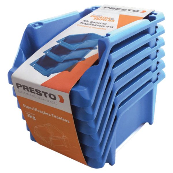 Kit Gavetas Práticas Empilháveis Nr.3 Azul com 6 Unidades PRESTO-42016