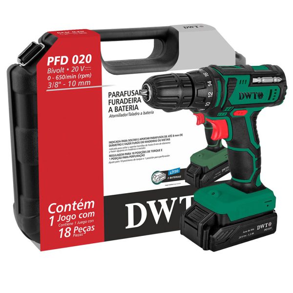 Parafusadeira Furadeira PFD020 3/8 Pol. 20V Bivolt com 18 Acessórios e Maleta DWT-6005020000