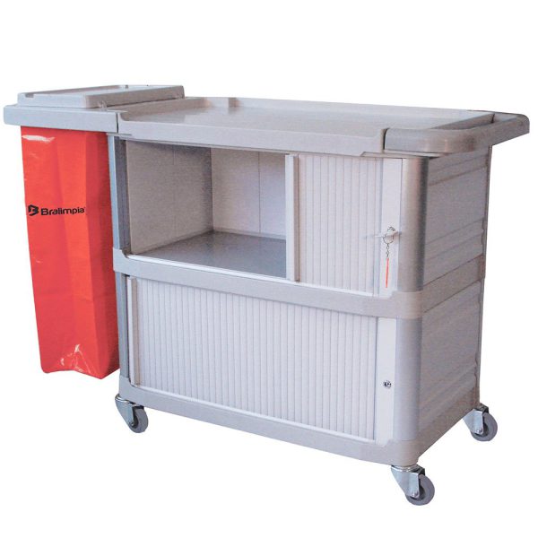 Carro Extra Triplex 1,24m x 55cm x 96cm com 1 Bolsa Vermelha, Fechamento Lateral e Portas BRALIMPIA-CA01VM