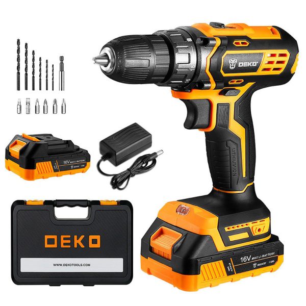 Parafusadeira Furadeira 3/8 Pol. 16V com 2 Baterias Lí-íon Carregador e Maleta com Acessórios DEKO-DKCD16XL01-5S3