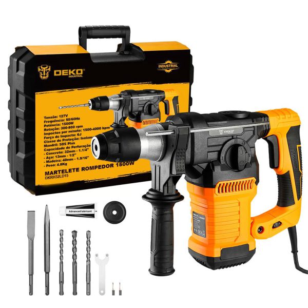 Martelete Perfurador Rompedor 4 em 1 SDS Plus 1500W 6J Profissional com Ponteiras e Brocas DEKO-DKRH32LD15