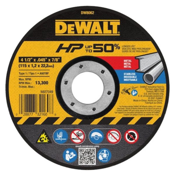 DIsco de Corte Fino Metal de Aço Inox 4-1/2 Pol. X 1,2mm X 7/8 Pol. DEWALT-DW8062