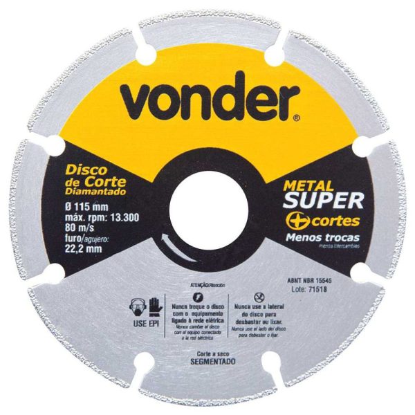 Disco de Corte Diamantado Segmentado para Metais Metal Super 115 mm VONDER-1240115000