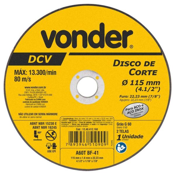 Disco de Corte Fino G46 115 x 1,6 x 22,23mm VONDER-1240412160