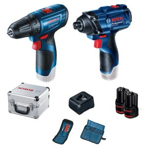 Combo Chave de Impacto GDR 120-LI 1/4 Pol. 12V Parafusadeira GSR 120-LI 3/8 Pol. 12V com 2 Baterias 2.0Ah Carregador Bivolt e Maleta com Acessórios BOSCH-06019G80E3-000