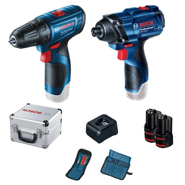 Combo Chave de Impacto GDR 120-LI 1/4 Pol. 12V Parafusadeira GSR 120-LI 3/8 Pol. 12V com 2 Baterias 2.0Ah Carregador Bivolt e Maleta com Acessórios BOSCH-06019G80E3-000