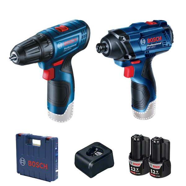Combo Chave de Impacto 1/4 Pol. 12V Parafusadeira Furadeira 3/8 Pol. 12V com 2 Baterias 2,0Ah Carregador Bivolt e Maleta BOSCH-06019G80E4