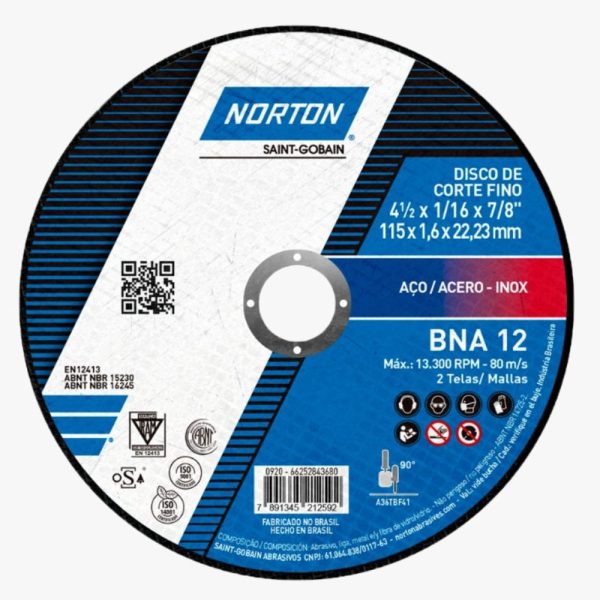 Disco de Corte BNA 12 115×1.6×22.23mm para Aço NORTON-66252843680