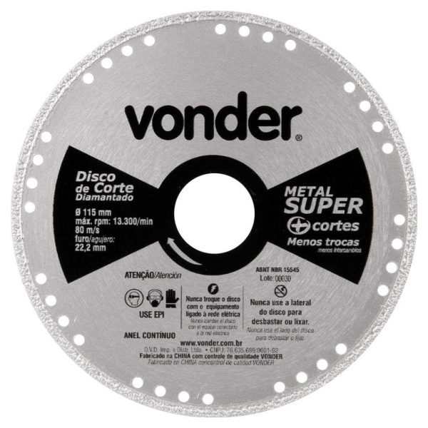 Disco de Corte Diamantado Contínuo para Metais Metal Super 115 mm VONDER-1240000115