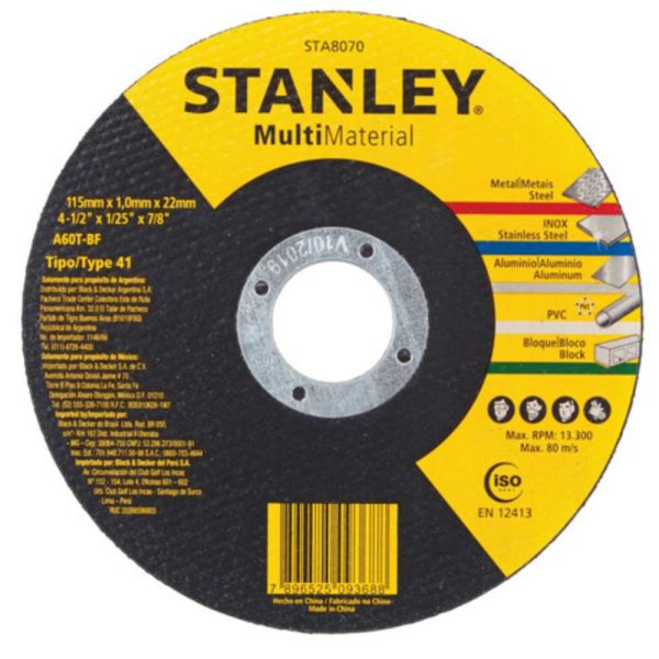 Disco de Corte 4.1/2Pol x 1,0mm x 7/8 Pol STANLEY-STA8070