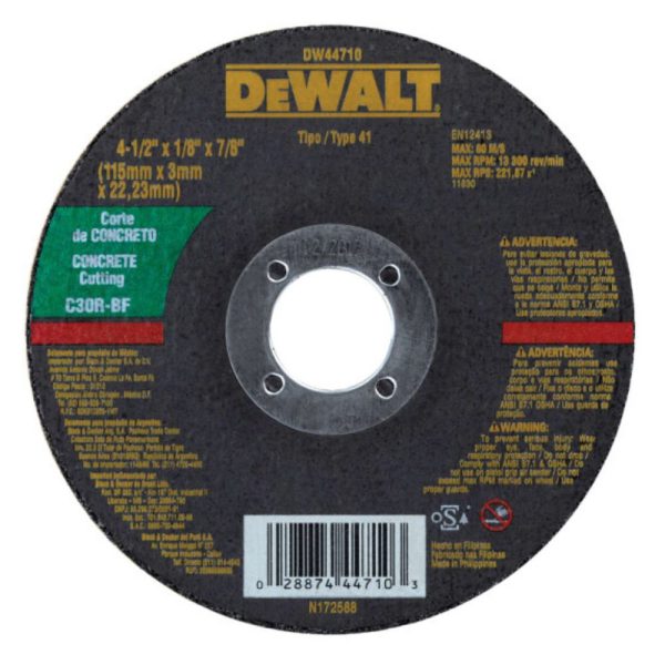 Disco de Corte para Concreto 4-1/2 Pol. X 3,0mm X 7/8 Pol. DEWALT-DW44710