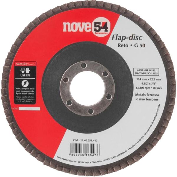 Disco de desbaste/acabamento flap-disc reto 4.1/2 Pol. grão 50 costado de fibra NOVE54 NOVE54-1240051412