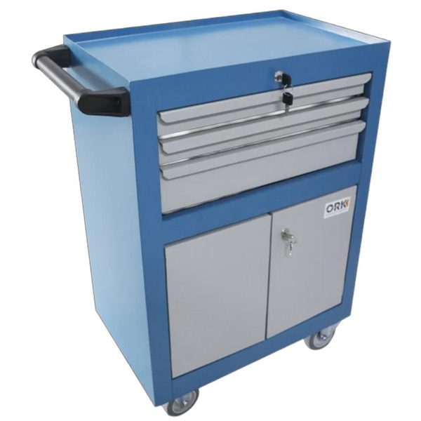 Carrinho para Ferramentas Fechado 3 Gavetas 2 Portas Azul e Cinza ORK-CAR070