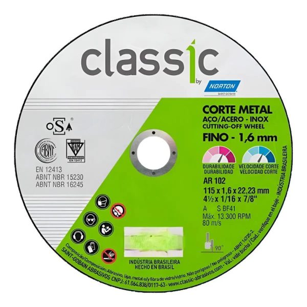 Disco de Corte Classic 115 x 1,6 x 22,23mm para Metal NORTON-66253371671