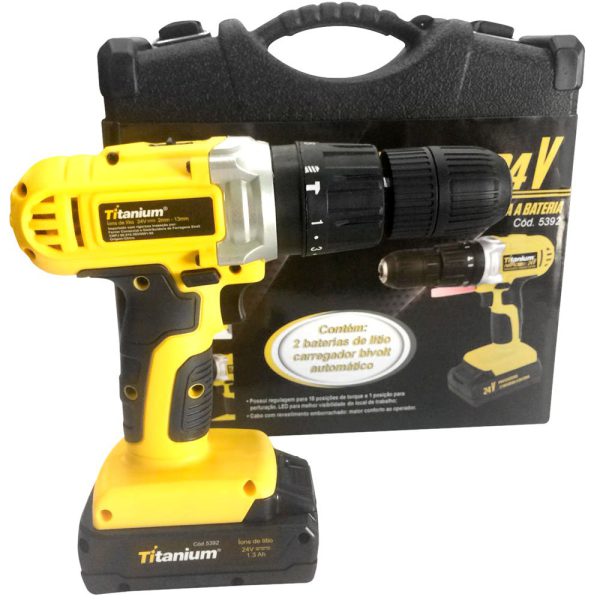 Parafusadeira/Furadeira de Impacto a Bateria 24V Li-Ion 1/2 Pol. com Carregador 2 Baterias e Maleta TITANIUM-5392