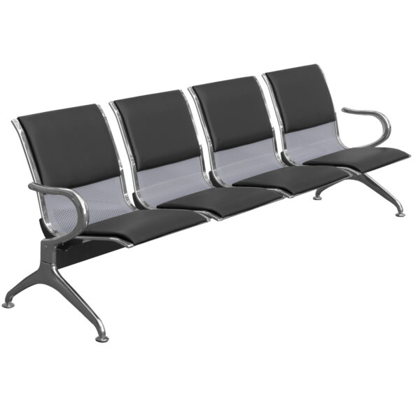 Cadeira Longarina Aeroporto 4 Lugares Cromado com Estofado – Preto – TCL04