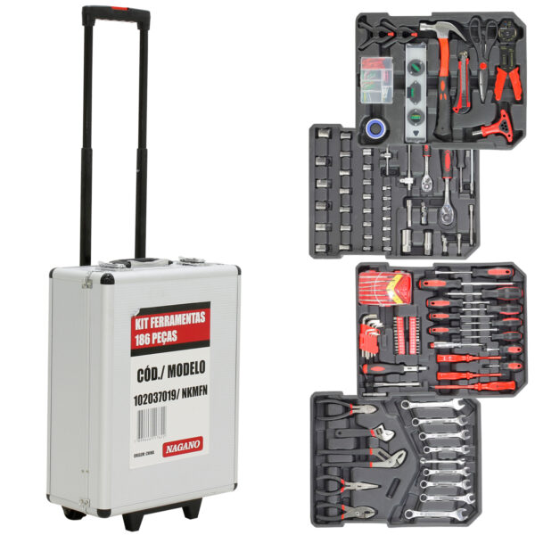 Kit Maleta de Ferramentas Cromo Vanadium com Rodas 186 Peças