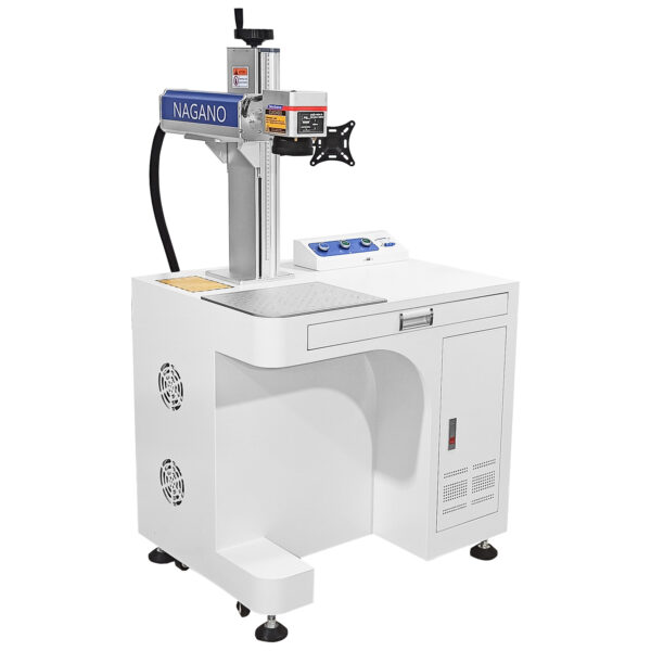 Máquina de Gravação Laser Metais Fiber de Bancada 50w com Entrada Eixo Rotativo