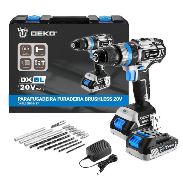 Parafusadeira Furadeira Impacto 1/2 Pol Brushless 20V com 2 Baterias Lítio-Íon Carregador e Maleta com Acessórios DEKO-DKBL20ID02-S3
